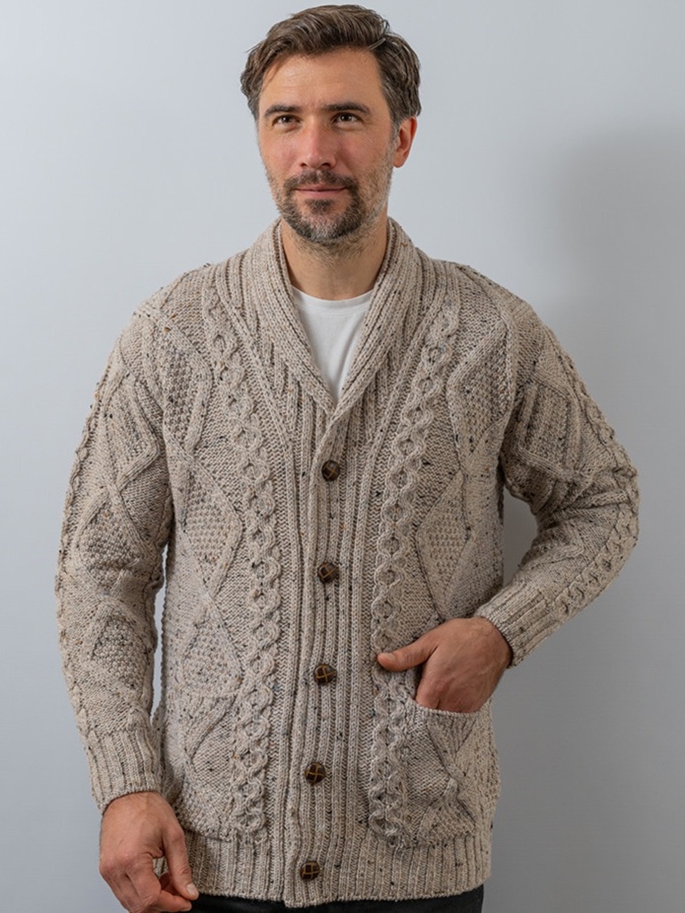 Aran Crafts Ireland Merino Wool Shawl Neck Diamond Cardigan L